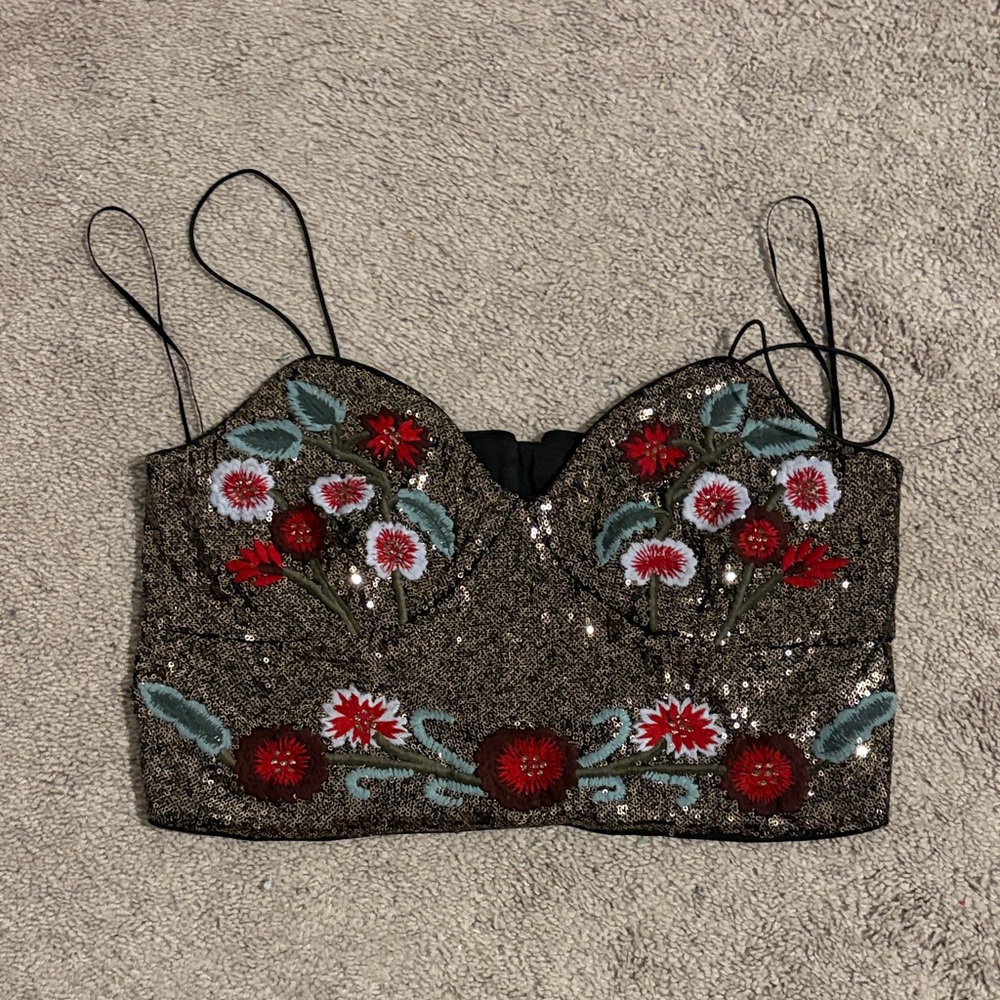 Guess Sequin Bustier Crop Top - Black with Red & Teal Floral Embroidery